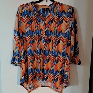 New Directions Orange and Blue Graphic Blouse with Mandarin Collar